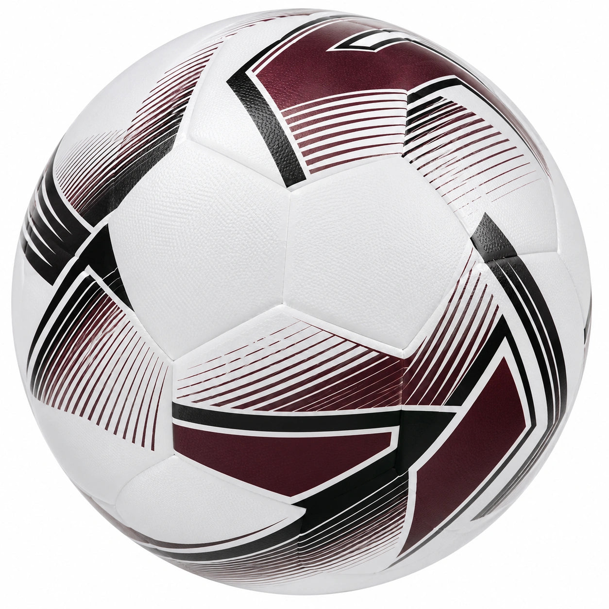 Balón de fútbol blanco, negro y burdeos con diseño geométrico