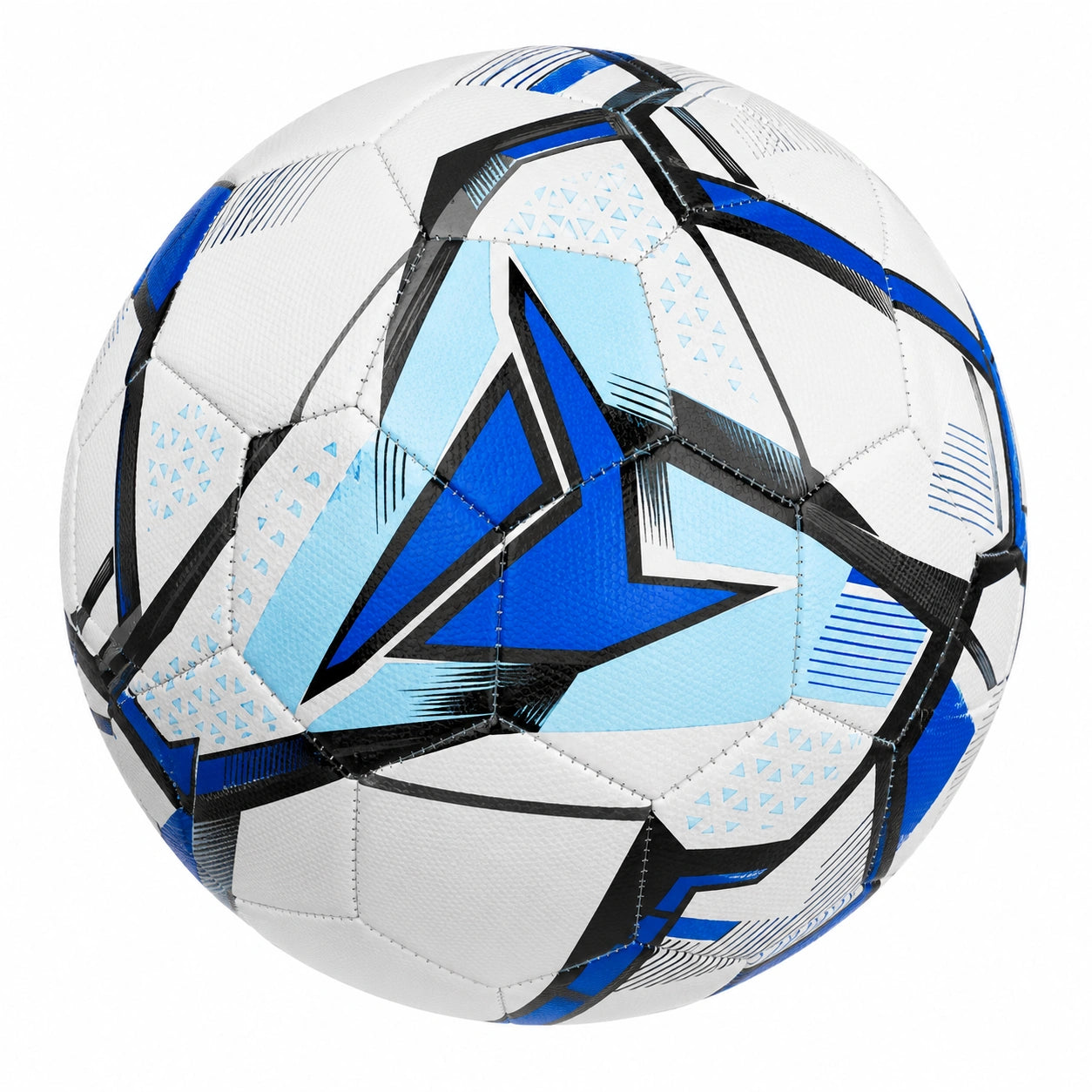 Balón de fútbol blanco y azul cosido a máquina