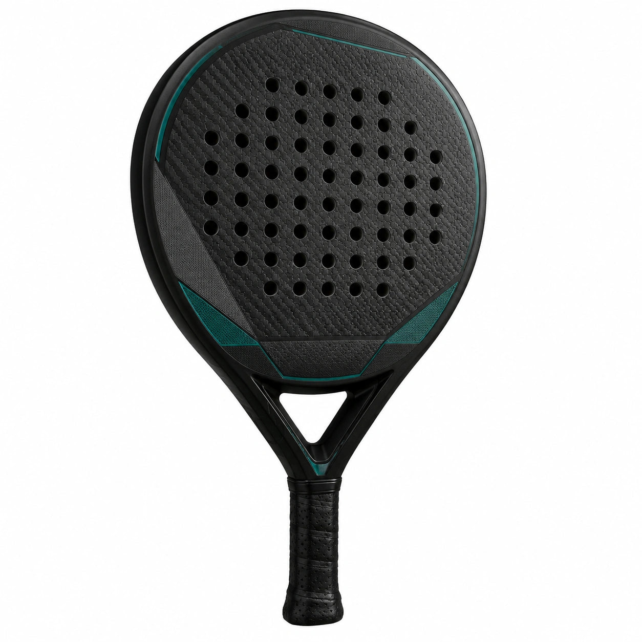 Pala de pádel con estructura perforada en negro y verde